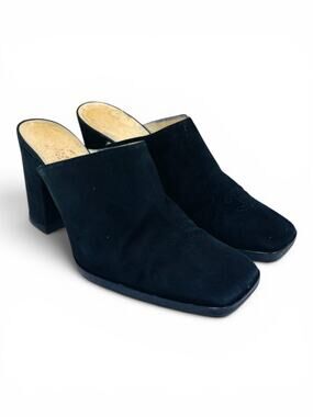 Chanel Vintage CC Logo Black Suede Block Heel Mules 35.5 Square Toe Slides Italy